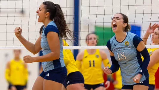 Milena Silva and Damla Gunes Celebrate a Point Against Merrimack (Oct. 28, 2025 in Hamden, Conn.)