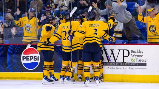 The Bobcats Celebrate Their Fourth Goal against BU (Nov. 15, 2025 in Hamden, Conn.)