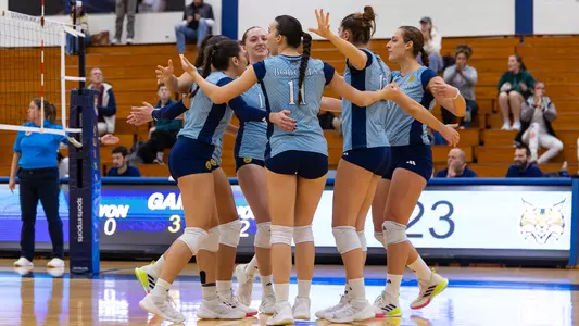 Volleyball Celebrates A Point Against Merrimack (Oct. 28, 2025 in Hamden, Conn)