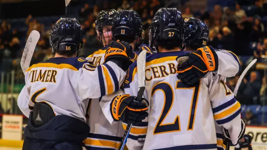 Bobcats Celebrate a Goal Against St. Lawrence (Nov. 22, 2025 in Hamden, Conn.)