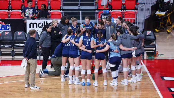 Women's Volleyball Team Huddle in Loss to Rider (Nov. 22, 2025 in Fairfield, Conn.)