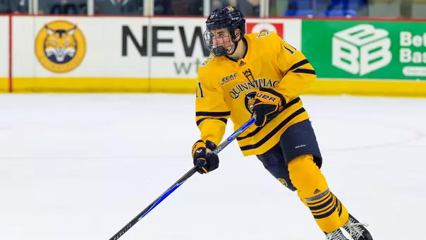 Aaron Schwartz Skates with the Puck against Maine (Oct. 17, 2025 in Hamden, Conn.)