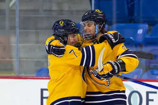 Tessa Holk and Kahlen Lamarche hug after Lamarche scores (11.7.25 in Hamden, C.T.)