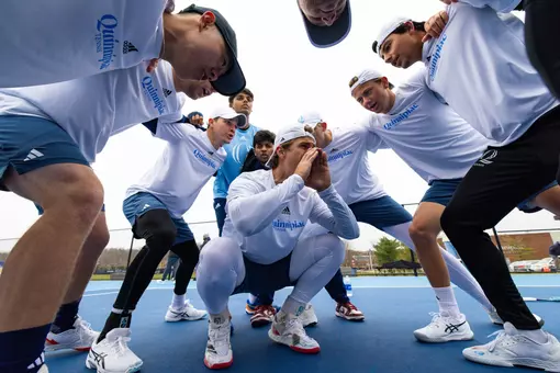 Men's tennis huddle before match vs Rider (3.30.25 in Hamden, CT)
