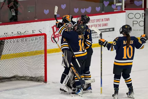 Felicia Frank celebrates shutout win with Bryn Prier and Ella Sennick (12.5.25 in Ithaca, N.Y.)