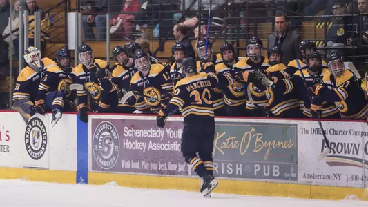 Mason Marcellus Celebrates a Goal with this Teammates (Feb. 14, 2025 in Schenectady, N.Y.)