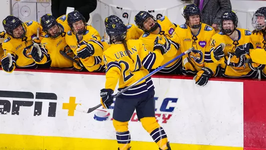 Sophie Urban celebrates a shootout goal against Brown (Jan. 25, 2025)