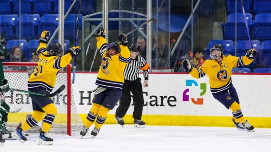 QU Women's Ice Hockey celebrating a goal in a game against Dartmouth at M&T Bank Arena (Feb. 1, 2025)