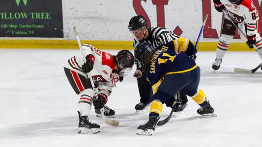 Maddy Samoskevich takes a faceoff against St. Lawrence at Appleton Arena (Feb. 7, 2025)