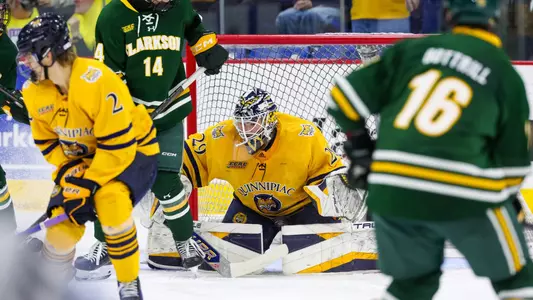 Dylan Silverstein Goes to Make a Save (Feb. 8, 2025 in Hamden, Conn.)