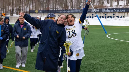Sophia Coan and Kendall VanMeveren Celebrate after win over CCSU (Feb. 12, 2025 in Hamden, Conn.)