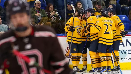 The Bobcats Celebrate a Goal Against Brown (Feb. 22, 2025 in Hamden, Conn.)