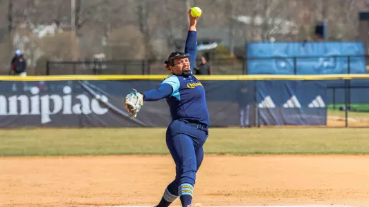 Sydney Horan delivers a pitch in a game against Iona in Hamden (March 23, 2025)