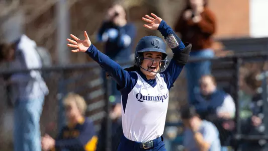 Sofia Vega celebrates a homerun hit in a game against Siena in Hamden (March 25, 2025)