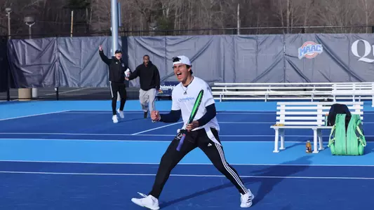 James Lorenzetti celebrates a point in a match against LIU in Hamden (March 23, 2025)