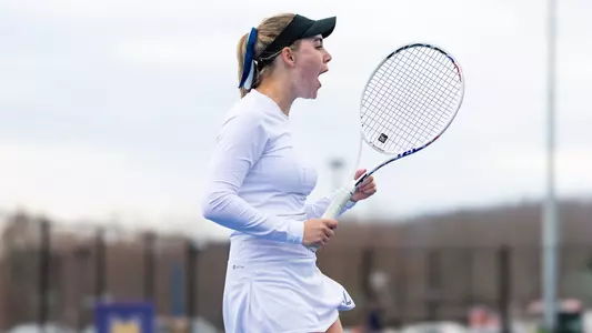 Vera Sekerina Celebrates a point in a match against Merrimack in Hamden (March 29, 2025)