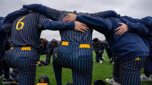 Baseball Team Huddle versus Merrimack (April 11th, 2025 in Hamden, Conn.)
