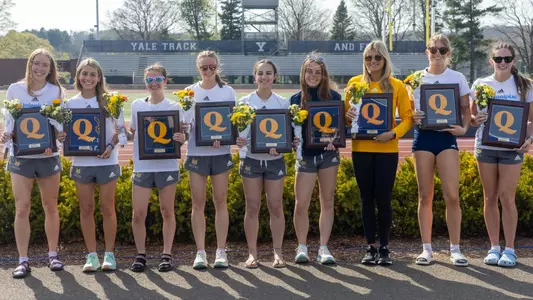Seniors Pose with their Plaques after meet at Yale (April 19, 2025 in New Haven, Conn.)