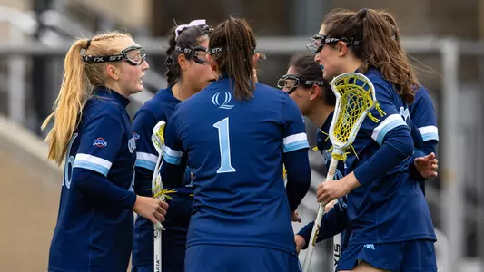Women's Lacrosse Huddles Together after a Goal against Fairfield (April 2, 2025 in Fairfield, Conn.)