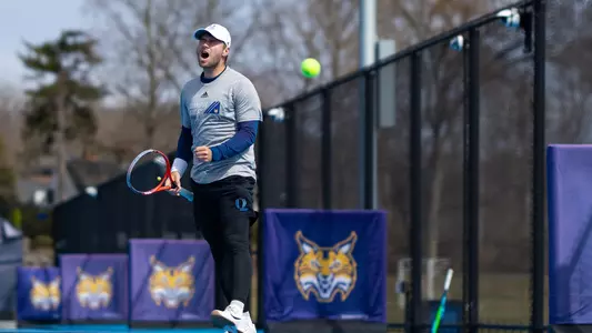 Daniel Velek celebrates a point in a match against Merrimack in Hamden (March 29, 2025)