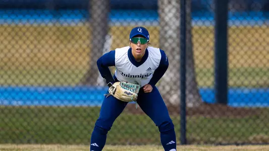 Ally Hochstadter waits for a fly ball in a game against Mount in Hamden (April 13, 2025)