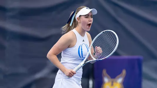 Vera Sekerina celebrates a point in match against Merrimack in Hamden (March 29, 2025)