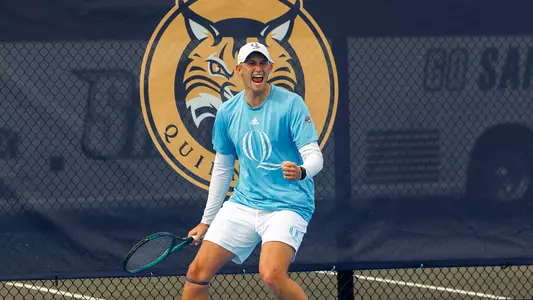 Finn Burridge celebrates a point in a match against Siena in Hamden (April 4, 2025)