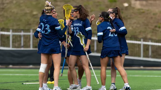 Women's Lacrosse Huddles Together at Fairfield (April 2, 2025 in Fairfield, Conn.)