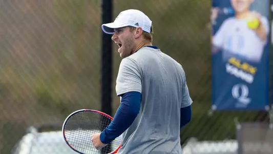 Daniel Velek celebrates a point in match against Rider in Hamden (March 30, 2025)