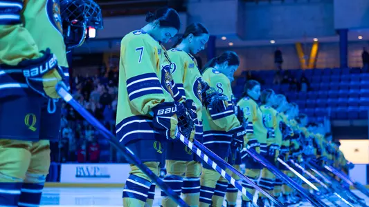 QU WIH on the blue line for starting lineups at M&T Bank Arena in a game against SHU (Dec. 3, 2024)