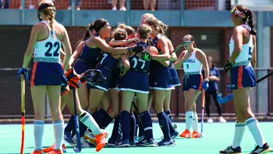 Quinnipiac Field Hockey team celebrates a goal against Bucknell (Aug. 31, 2025)