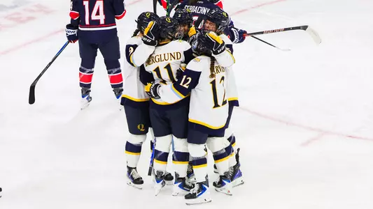 Quinnipiac Celebrates Zoe Uens' third period goal against UConn (Sept. 20, 2025 in Hamden, Conn.)