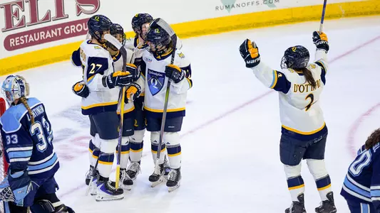 Quinnipiac Celebrates a Goal Against Maine (Sept. 27, 2025 in Hamden, Conn.)