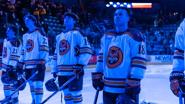 Anthony Cipollone and the Bobcats During the Starting Lineup (Jan. 10, 2026 in Hamden, Conn.)