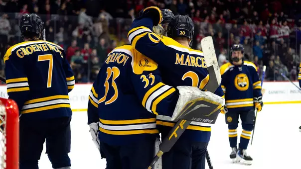 Mason Marcellus and Matej Marinov Embrace After Quinnipiac's Win at Cornell (Jan. 17, 2026 in Ithaca, N.Y.)