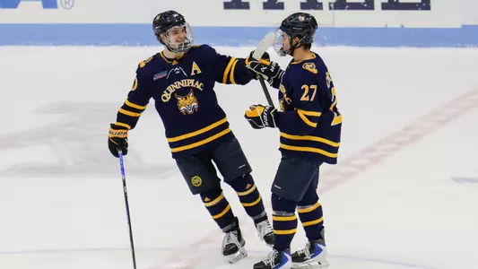 Mason Marcellus and Andon Cerbone Celebrate after Andon's Empty Net Goal (Jan. 23, 2026 in New Haven, Conn.)