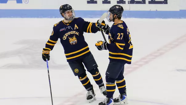 Mason Marcellus and Andon Cerbone Celebrate after Andon's Empty Net Goal (Jan. 23, 2026 in New Haven, Conn.)