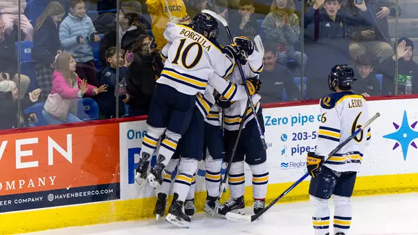 Tyler Borgula Celebrates with the Bobcats After Their Win Over Dartmouth (Jan. 3, 2026 in Hamden, Conn.)