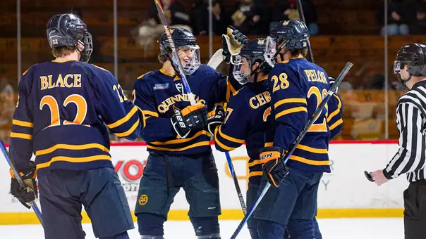 Elliott Groenewold and the Bobcats Celebrate a Goal vs. St. Lawrence (Jan. 30, 2026 in Canton, N.Y.)