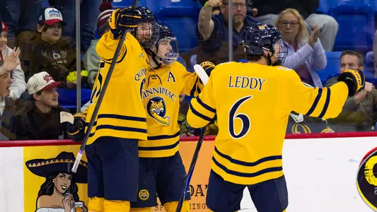 Quinnipiac Celebrates a Goal Against BU (Nov. 15, 2025 in Hamden, Conn.)
