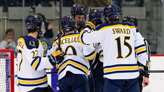 Quinnipiac Celebrates a Goal against Yale (Feb. 7, 2026 in Hamden, Conn.)