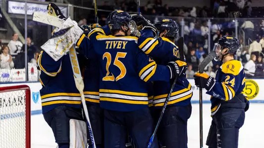 Quinnipiac Celebrates After its Win Over Penn State (Oct. 16, 2026 in University Park, Pa.)