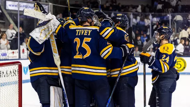 Quinnipiac Celebrates After its Win Over Penn State (Oct. 16, 2026 in University Park, Pa.)