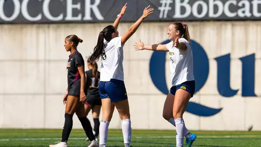 Isabella Torelli and Morgan Cupo Celebrate Goal in Win over Iona (Oct. 10 in Hamden, Conn)