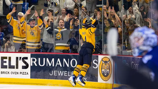 Dylan Edwards Jumps into the Boards After a Goal against New Hampshire (Oct. 2, 2026 in Hamden, Conn.)