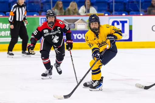 Bryn Prier skating with the puck against Northeastern (Oct. 17, 2026 in Hamden, CT)