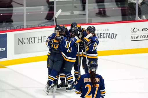 WIH group celebration after Ilsa Lindaman's goal against Union (Oct. 23, 2026 in Schenectady, NY)