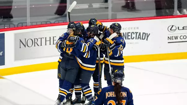 WIH group celebration after Ilsa Lindaman's goal against Union (Oct. 23, 2026 in Schenectady, NY)
