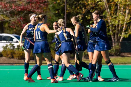 Group celebration after Martina Calveira scores against Merrimack (Oct. 18, 2026 in Hamden, CT)