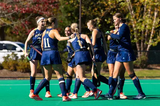 Group celebration after Martina Calveira scores against Merrimack (Oct. 18, 2026 in Hamden, CT)